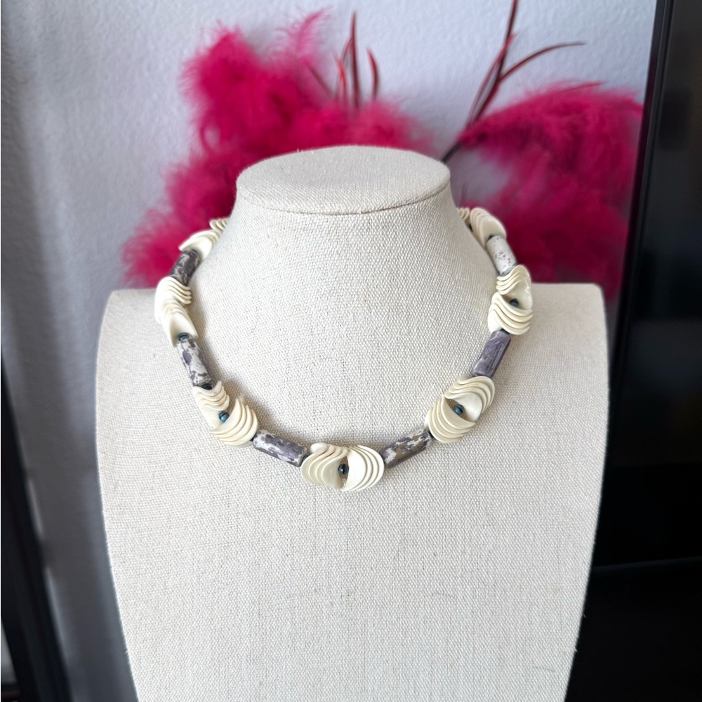 Artisan Cream and Purple Beaded Necklace - Picture 4 of 6
